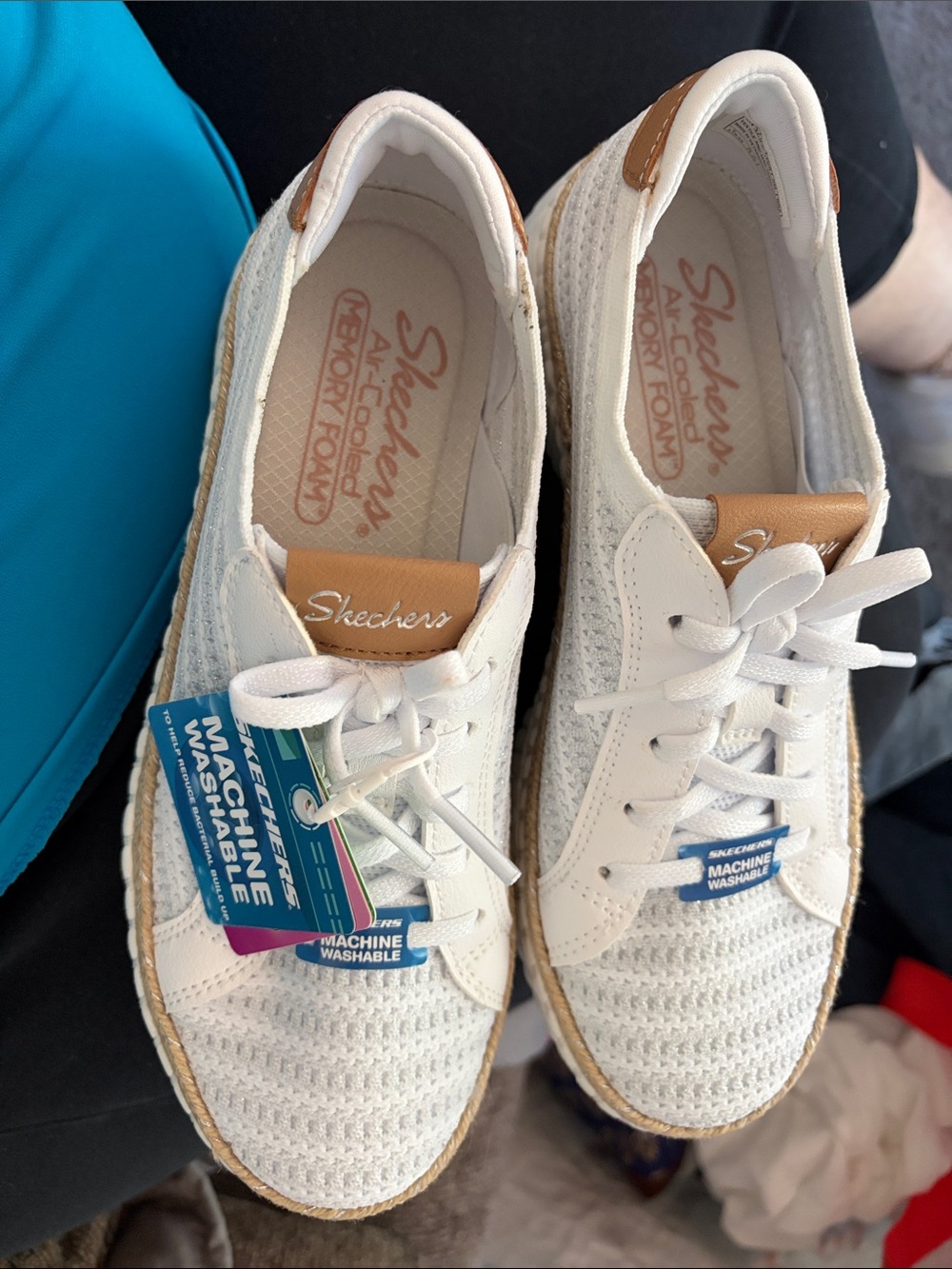 Skechers Women's White Knit Lace-Up Sneakers with Tan Accents